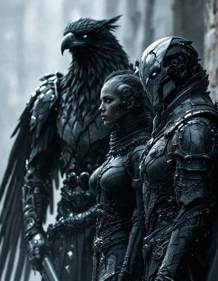 The primary subject of the image is a woman wearing a black outfit, standing next to two other individuals. The setting appears to be a futuristic environment, possibly a dystopian city. The visual style of the image is digital art, with the woman and the other individuals being depicted as robotic or cyborg-like characters. The colors in the image are predominantly black and grey, giving the scene a dark and moody atmosphere.